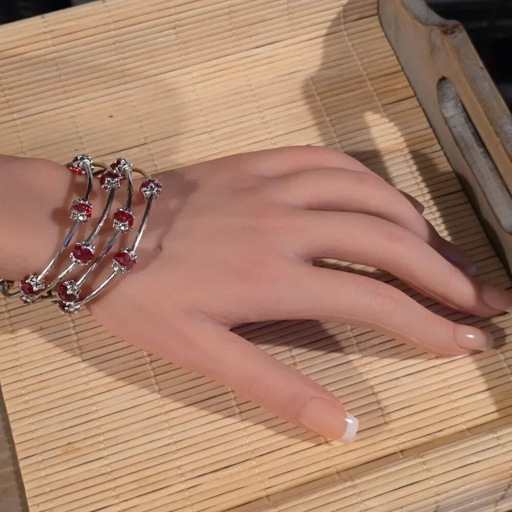 Silver Tone Crystal Wrap Bracelet With Red Faceted Beads & Filigree Details